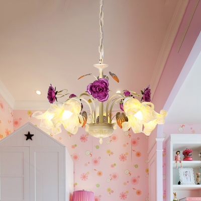 Floral Bedroom Chandelier Light Fixture Pastoral Style White Glass 3/5/6 Lights Purple Hanging Lamp