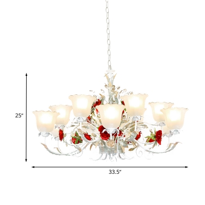 Rose White Glass Hanging Chandelier Pastoral 3/5/8 Bulbs Dining Room Pendant Light with Amber Crystal Accent
