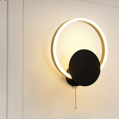 Round Acrylic Sconce Lamp Minimalist LED Black Wall Mounted Light Fixture with Pull Chain