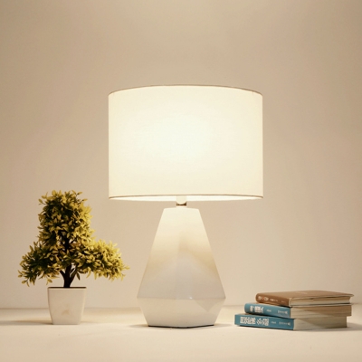 Simple Drum Shade Fabric Nightstand Lamp 1-Light Night Table Lighting in White with Geometric Resin Base