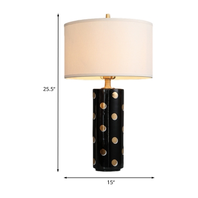 Simplicity Drum Shaped Table Lamp Fabric 1 Bulb Living Room Desk Light with Ceramic Dot Cylinder Base