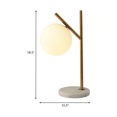 Simplistic Sphere Desk Light White Glass 1 Bulb Bedroom Night Table Lamps with Marble Base