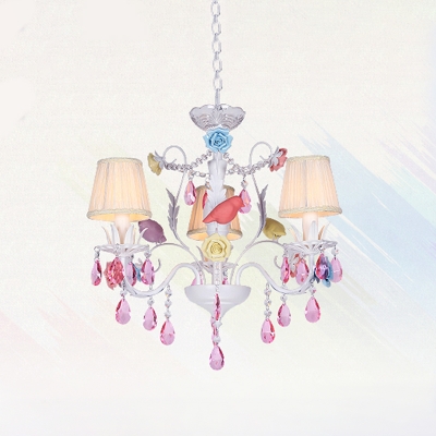 White Conical Chandelier Light Countryside Fabric 3/8 Heads Living Room Drop Pendant with Pink Crystal Accent