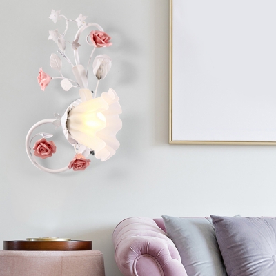 White Glass Scalloped Wall Light Pastoral Style 1 Bulb Living Room Wall Sconce with Rose Design, Left/Right