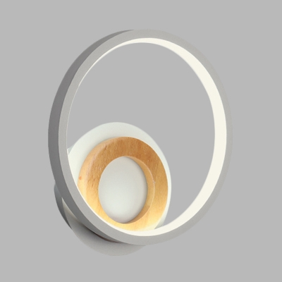 White Ring Wall Mount Sconce Modernist LED Acrylic Wall Light Fixture in White/Warm Light with Wood Detail