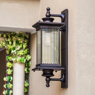 1-Light Wall Sconce Farmhouse Outdoor Wall Mounted Lamp with Cuboid Clear Ribbed Glass Shade in Black/Coffee