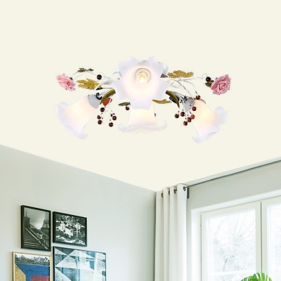 Countryside Bloom Semi Flush Light 4/7/9 Heads White Glass Flush Mount Recessed Lighting with Sputnik Design