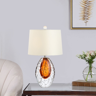 Fabric Cone Night Table Lamp Simple 1-Bulb White Nightstand Lighting with Oval Bubble Glaze Base