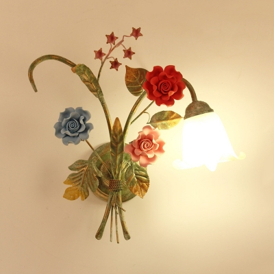 Green 1/2-Head Wall Sconce Light Romantic Pastoral Opal Glass Floral Wall Mounted Lamp for Bedroom