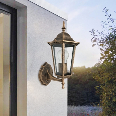 Hexagon Outdoor Sconce Light Farmhouse Clear Glass 1-Bulb Antique Brass Wall Mount Lamp Fixture