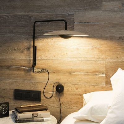 LED Bedside Wall Mount Light Modernism Black/Light Wood Plug-In Sconce Lamp with Flat Disk Iron Shade in White/Warm Light
