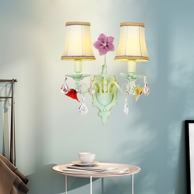 Light Blue 2-Bulb Wall Lamp Korean Flower Fabric Bell Sconce Light Fixture with Crystal Accent