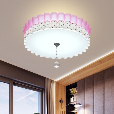 Pastoral Ruffled Edge Ceiling Lamp LED Acrylic Flush Mount Recessed Lighting in Pink with Crystal Ball