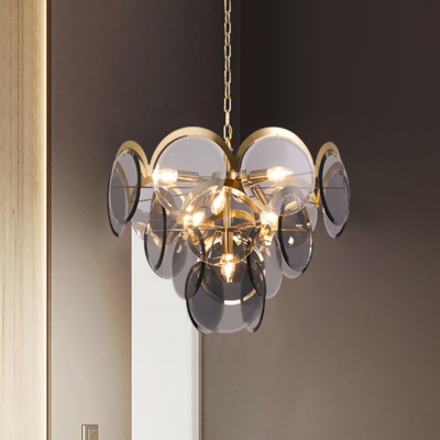 Post-Modern 7-Bulb Hanging Ceiling Light Brass Round Panel Chandelier Lamp with Smoke Gray Glass Shade