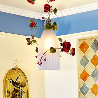 Red Flower Down Lighting Pastoral Style Metal 1 Bulb Living Room Pendant with Elongated Dome White Glass Shade