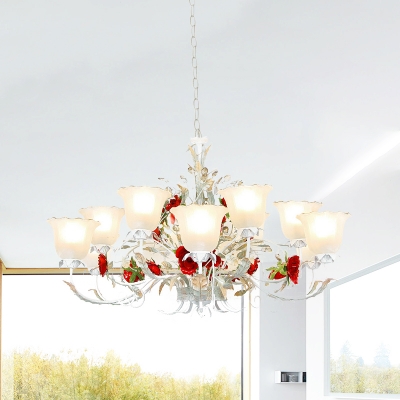 Rose White Glass Hanging Chandelier Pastoral 3/5/8 Bulbs Dining Room Pendant Light with Amber Crystal Accent