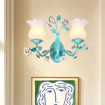 Scalloped Bedroom Wall Mount Light Romantic Pastoral Cream Glass 1/2-Bulb Blue Wall Sconce with Flower Decor