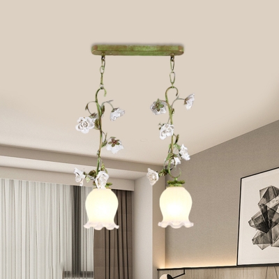 Scalloped White Glass Cluster Pendant Korean Flower 2 Bulbs Dining Room Hanging Lamp in Green
