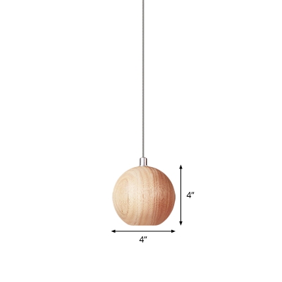 1 Head Bedside LED Down Lighting Minimalist Beige Hanging Lamp Kit with Globe Wood Shade