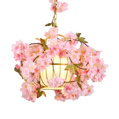 1 Head Plant Ceiling Hanging Lantern Lodge Red/Pink/Green Iron Pendulum Light with Fabric Shade Inside