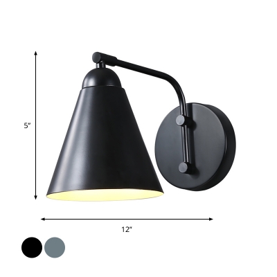 1-Head Wall Light Sconce Vintage Bedside Wall Lamp Fixture with Cone Metal Shade in Black/Grey