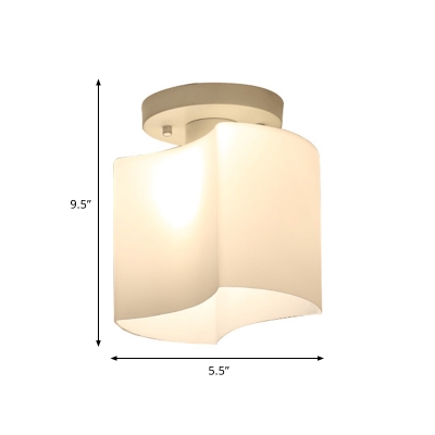 1-Light Corridor Semi Flush Mount Simple White Small Ceiling Lamp with Curved Opal Glass Shade