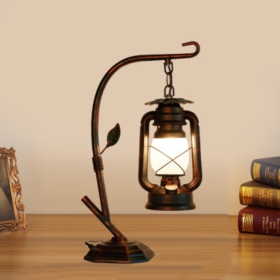 1-Light Cream Glass Table Light Industrial Brass/Copper Kerosene Bedroom Desk Lamp with Branch Arm