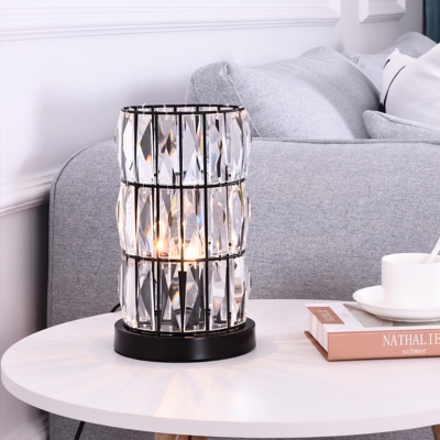 1 Light Nightstand Lamp Retro Cylindrical Beveled Inlaid Crystal Table Lighting in Black