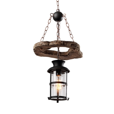 1 Light Pendant Light Fixture Factory Cylinder Clear Glass Down Lighting in Black with Circle Wood Shelf