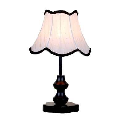 1-Light Scalloped Flare Table Lamp Transitional White Fabric Night Lighting with Trim in Black