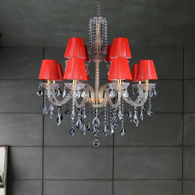 12-Head Barrel Chandelier Lighting Traditionalist Red Fabric Hanging Pendant with Clear Crystal Stand