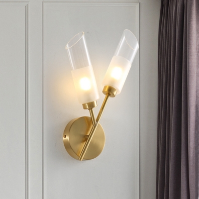 2 Bulbs Wall Mount Lamp Retro Angled Flute Clear and Frosted Glass Sconce in Brass