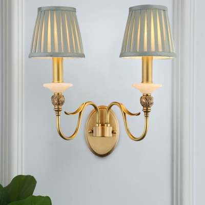 2 Heads Gooseneck Arm Wall Lamp Traditional Brass Metal Wall Mount Light with Blue Pleated Fabric Shade