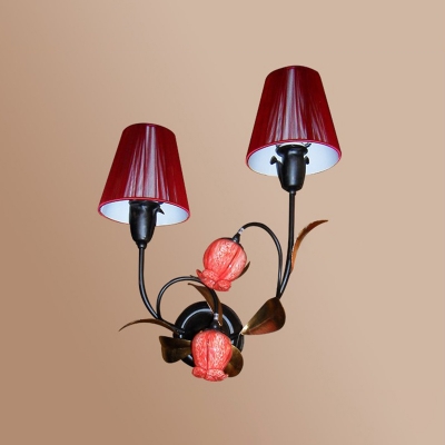 2 Heads Sconce Light Fixture Antiqued Branch Metal Wall Mount Lamp in Black with Cone Red Fabric Shade