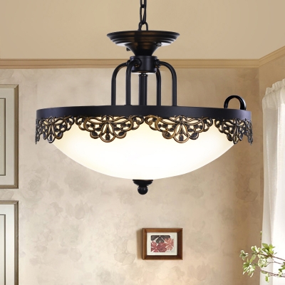 2-Light Cream Glass Chandelier Country Style Black Bowl Dining Room Hanging Pendant with Hollowed Out Floral Side