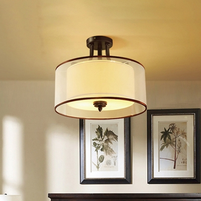 3/5 Heads Fabric Semi Flush Light Fixture Vintage Black Drum Bedroom Close to Ceiling Lamp, 16
