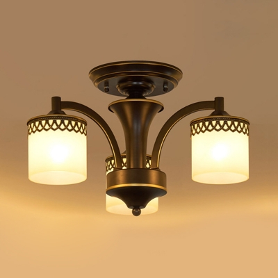 3/6 Heads Semi Flush Light Antiqued Living Room Flush Ceiling Lamp with Cylinder Frosted Glass Shade in Black