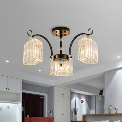 3/9 Heads Arc Frame Semi Flush Light Modernism Black Crystal Rectangle Ceiling Mounted Lamp