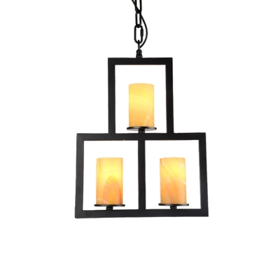 3 Bulbs Grid Chandelier Pendant Countryside Black Iron Hanging Lamp Kit with Natural Marble Lampshade