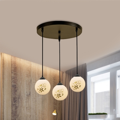 3 Bulbs Multiple Hanging Light Pastoral Dining Room Blossom Pattern Drop Pendant with Globe White Glass Shade with Round/Linear Canopy