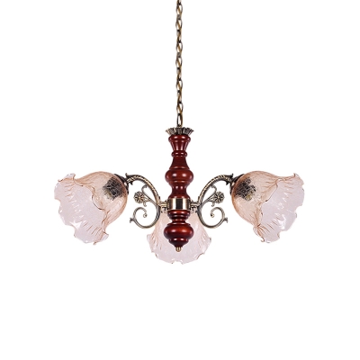 3-Head Floral Ceiling Chandelier Antiqued Red Brown Amber Cracked Glass Pendulum Light