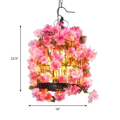 3 Heads Birdcage Pendant Chandelier Retro Pink Iron Ceiling Suspension Lamp with Floral Decor