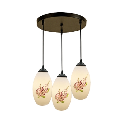 3-Light White Glass Multi Ceiling Light Country Style Black Elongated Dome Hanging Pendant with Flower Pattern, Round/Linear Canopy