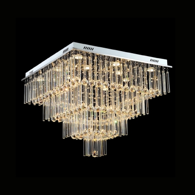 4-Tier Square Living Room Flush Mount Modern Crystal Rod and Ball LED Chrome Ceiling Mounted Light
