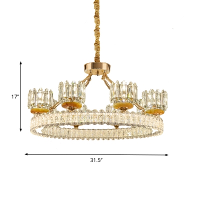 6/8-Head Pendant Chandelier Contemporary Cylinder Crystal Block Ceiling Hang Fixture in Gold with Ring Design