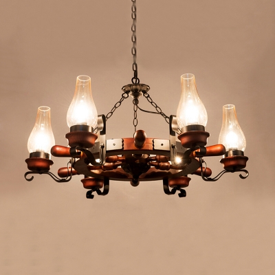 6/8 Heads Rudder Chandelier Light Vintage Restaurant Wood Hanging Pendant with Vase Clear Glass Shade in Brown