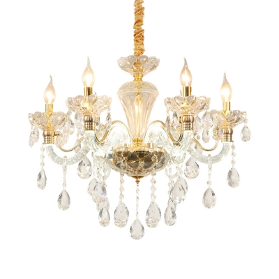 6-Head Beveled Crystal Chandelier Lighting Traditional Gold Curvy Arm Living Room Pendant Lamp Fixture
