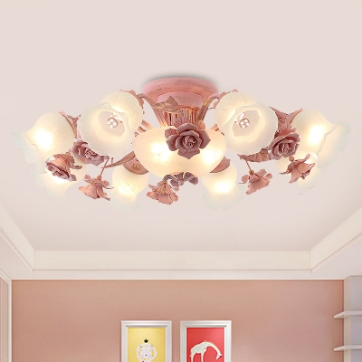 7/11-Head Flush Mount Light Romantic Style Bedroom Flush Ceiling Lamp with Flower Opal Glass Shade in Pink