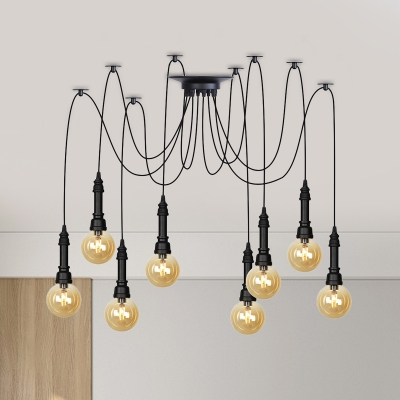 Amber Glass Ball Multi Pendant Light Vintage 2/3/6-Bulb Restaurant LED Swag Hanging Lamp Kit in Black