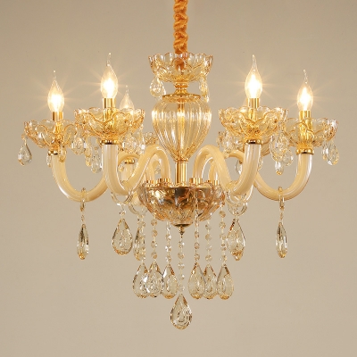 Amber Glass Candelabra Chandelier Retro 6 Heads Living Room Hanging Pendant Light in Gold with Crystal Drape
